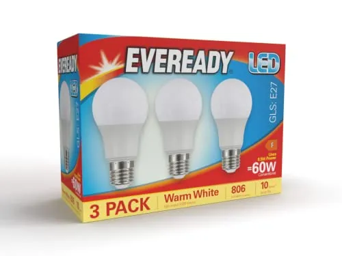 Eveready lampadina LED E27 8,5W 3000K 3 pezzi luce calda